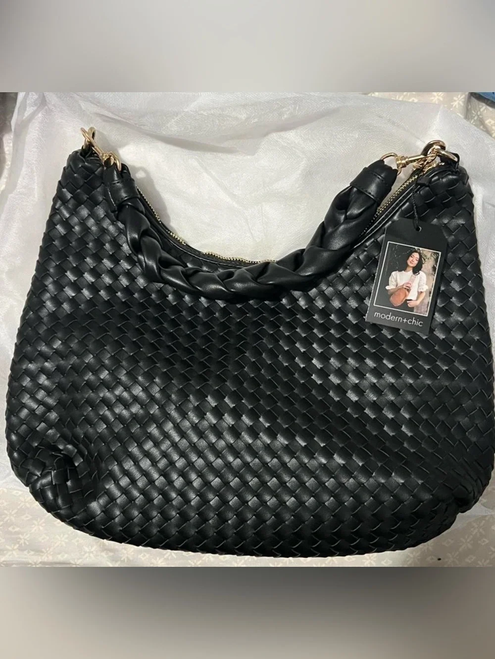 Modern + Chic Kelly - Black Woven Hobo Bag with Braided Handle